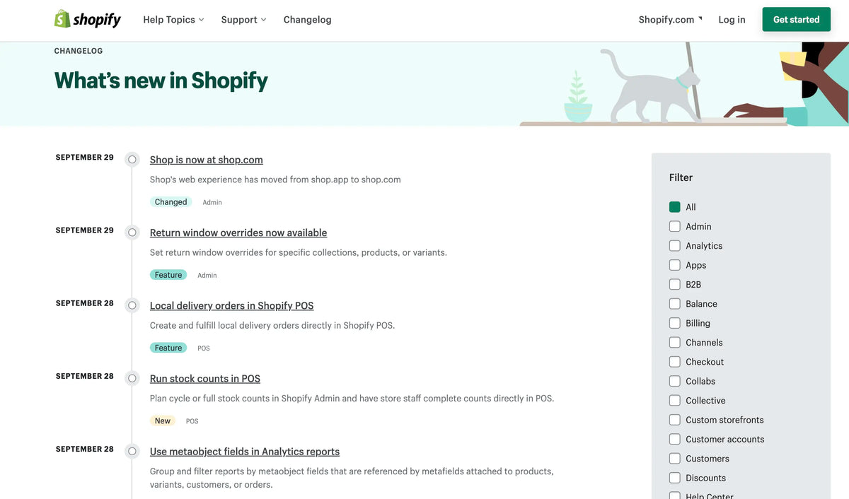 Shopify changelog entry confirming key B2B features are now available on non-Plus plans