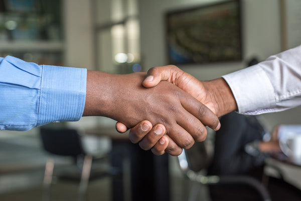 Business partners shaking hands in a collaborative meeting